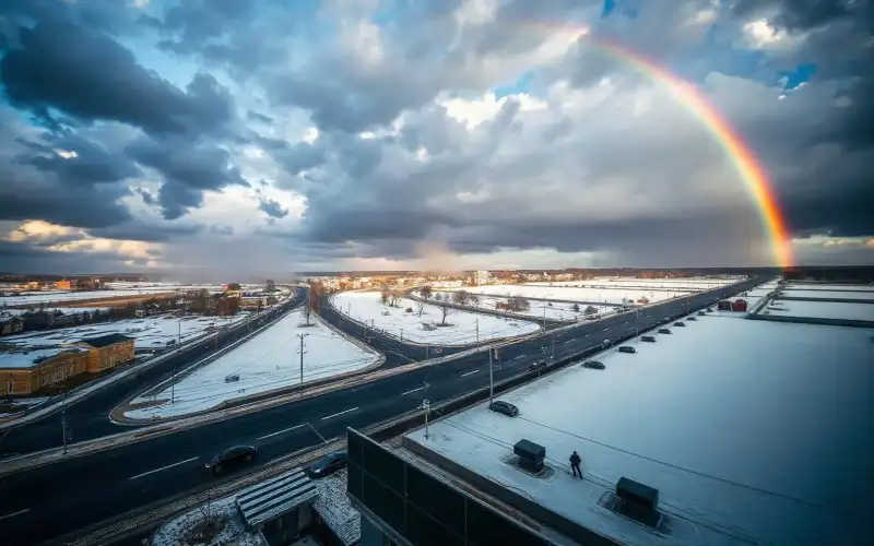 Burzowe chmury nad zaśnieżonymi ulicami polskiego miasta podczas przejścia frontu atmosferycznego
