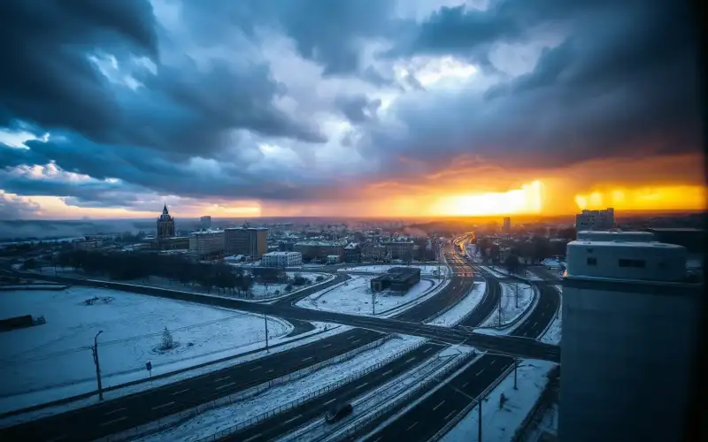 Burzowe chmury nad zaśnieżonym polskim miastem – porównanie prognoz IMGW, ICM UW i Yr.no