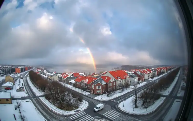 Burzowe chmury nad polskim miastem zimą, śnieg i dramatyczne niebo nad dachami kamienic